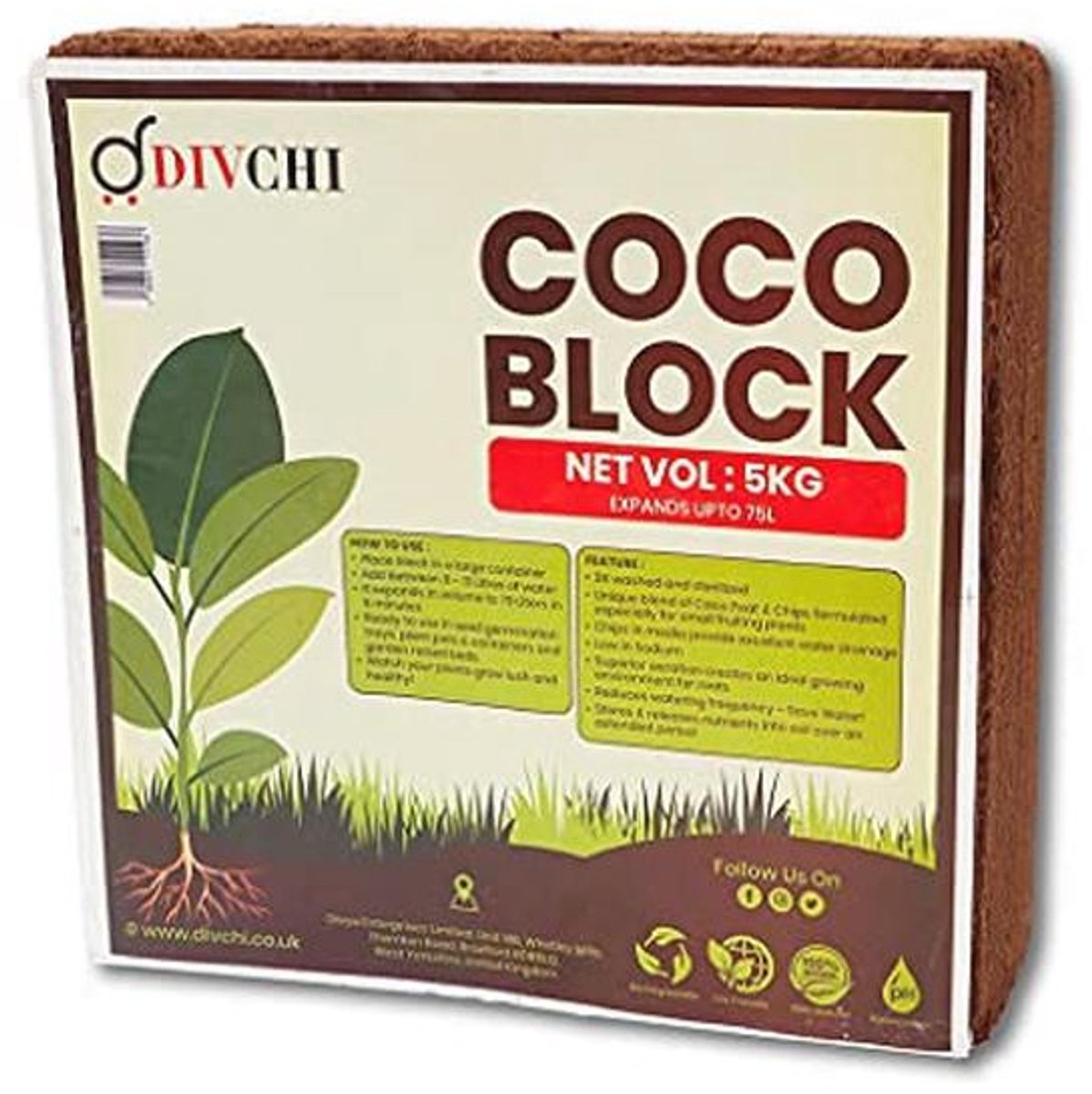 Kokos Coir Blok 5kg (70L) | Organisch | Natuurlijke Kokosnootvezel | Reptielvriendelijk | PH Neutraal | Hoge Vochtretentie