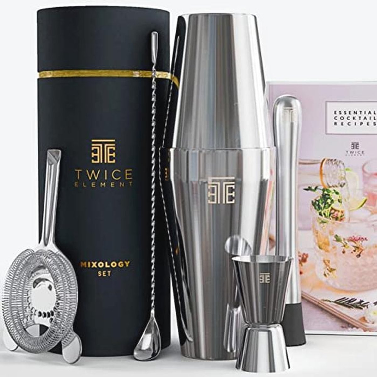 Twice Element® Cocktail Mixer Set | Boston-shaker set met: Elegante Geschenkdoos, Opbergzakje, Receptenboek en alle Essentiële Drankaccessoires | Geweldig cadeau voor hem