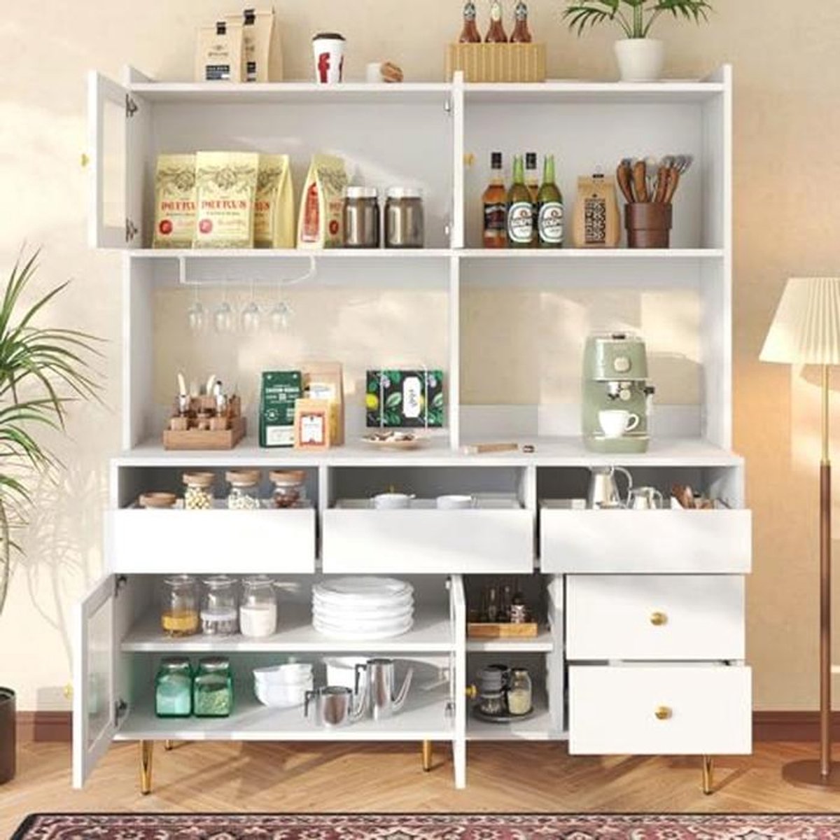 Moderne witte keukendressoir met glazen deur en opbergruimte voor woonkamer en eetkamer