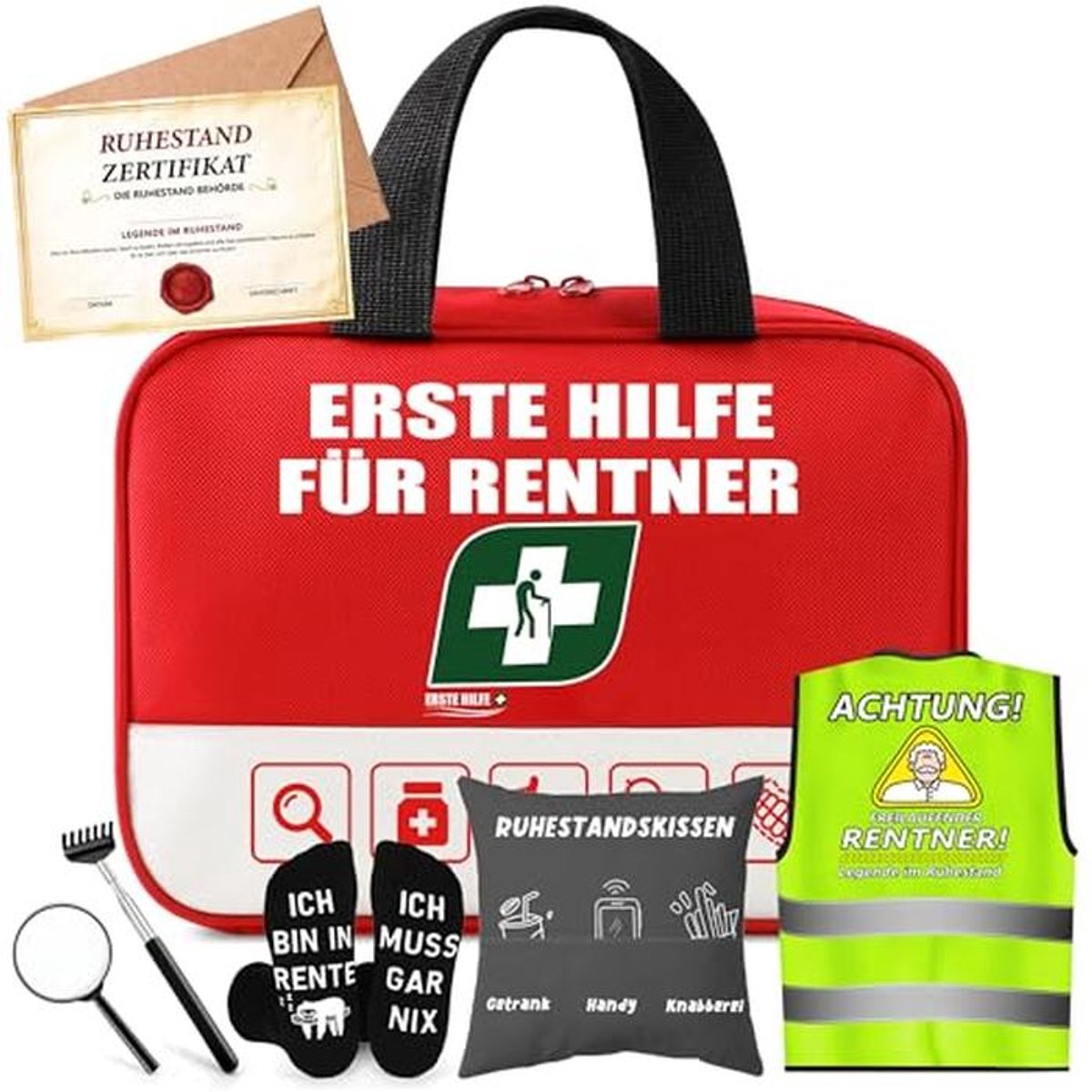 Cadeauset voor pensioen mannen met EHBO-tas, wenskaart en grappige sokken