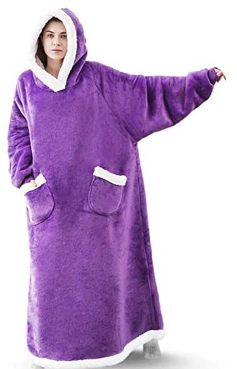 Extra lange hoodie deken sweatshirt voor dames en heren - Super warme flanellen deken met mouwen en zakken - Paars