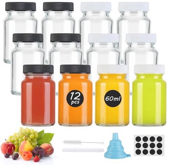 Nadisean 9 Stuks 2.37oz/70ml Glazen Shotflessen met Deksels, Mini Gembershot Herbruikbare, Kleine Glazen Flessen, Mini Glazen Flesjes met Borstels, Labels, Trechters voor Gember, Sappen, Kruiden