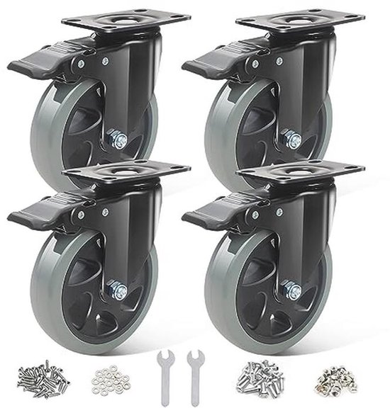 Zware Zwenkwielen 125 mm met Remmen - Set van 4 - Tot 600 kg