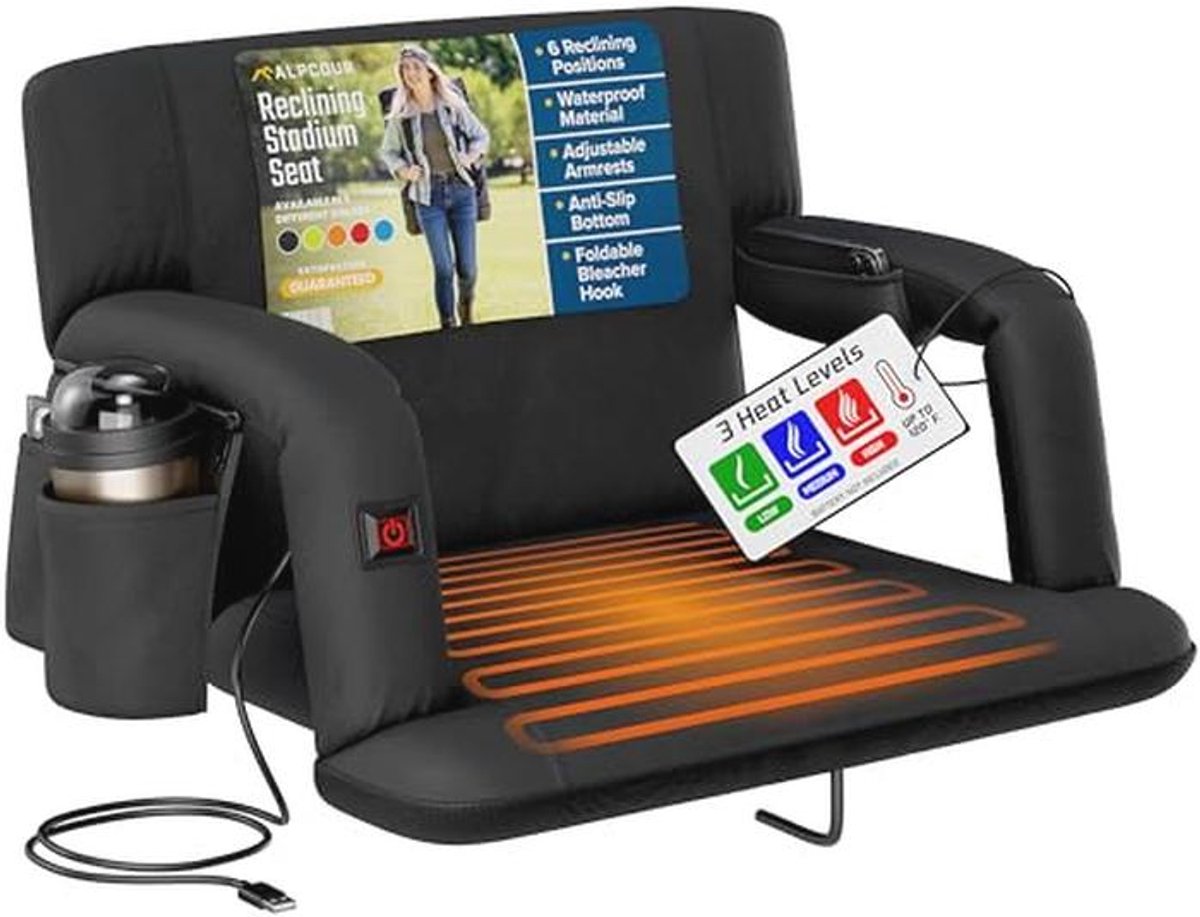 Verwarmde Opvouwbare Stadionstoel - Luxe 25 Inch Extra Brede Ligbleekstoel met Rugleuning en Armsteun - Waterdicht en Lichtgewicht