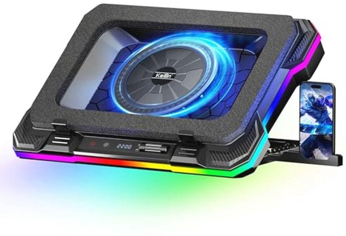 Gaming Laptop Koeler met 360° Koeling en 10 RGB Lichtmodi - Verstelbare Hoogte, USB-Hub