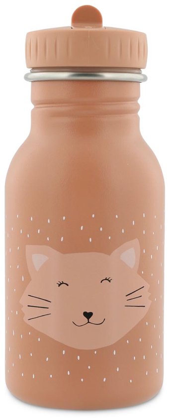 Roestbruine drinkfles met stippenpatroon en een kattengezicht.