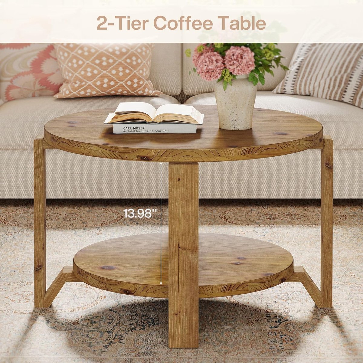 Tribesigns Massief houten Salontafel - Rond 80CM - Koffietafel - Woonkamertafel - Salontafel met 2 Opbergladen - Bruin - 80 x 80 x 50 cm