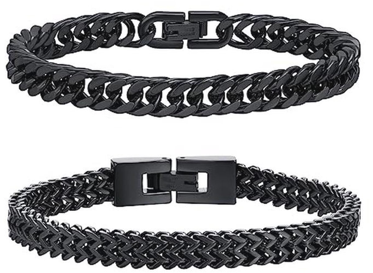 FLHEART Cubaanse schakelarmband voor heren, roestvrij staal-zilver-zwart-goud, met stevige dubbele Franco schakelarmband, voor vader-broer-vriend, breedte 8 mm, lengte 18,8-20,8 cm, 2 stuks