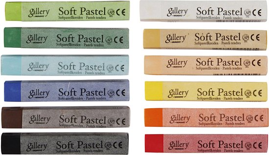 Twee rijen met zes zachte pastels per rij, in diverse kleuren.