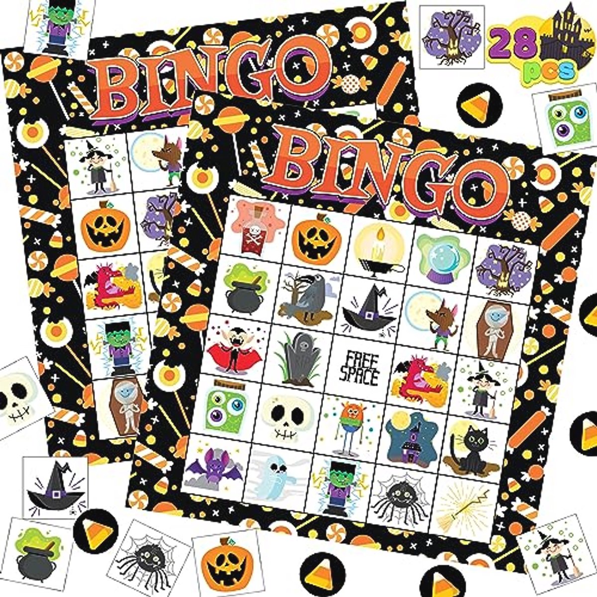 JOYIN 28 Halloween bingo speelkaarten voor school en familieactiviteiten, Halloween-party, Halloween knutselen voor klaslokalen, schoolbenodigdheden, bordspellen