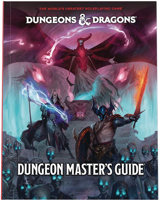 Het Dungeons & Dragons 'Dungeon Master's Guide' boek, met op de kaft een demonische figuur, strijders en schedels onder een paarse, roze en blauwe gloed.