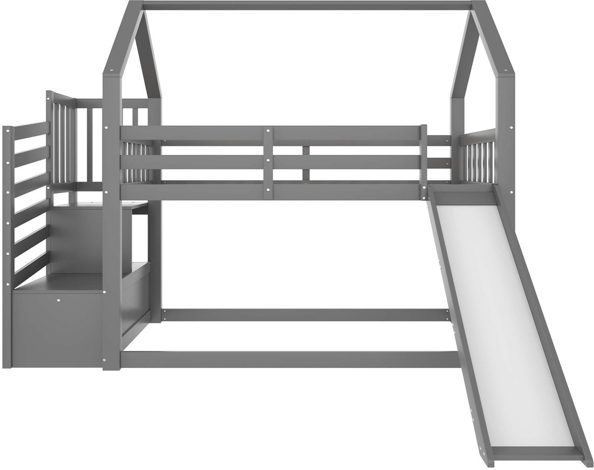 GOTAGEE Stapelbed Kinderbed Speelhuisbed 90×200cm grijs Zonder Matras Met Veiligheidshekken, Opbergtrap en Glijbaan Modern Minimalistisch Geschikt voor Kinderen en Tieners 253x183x175 cm
