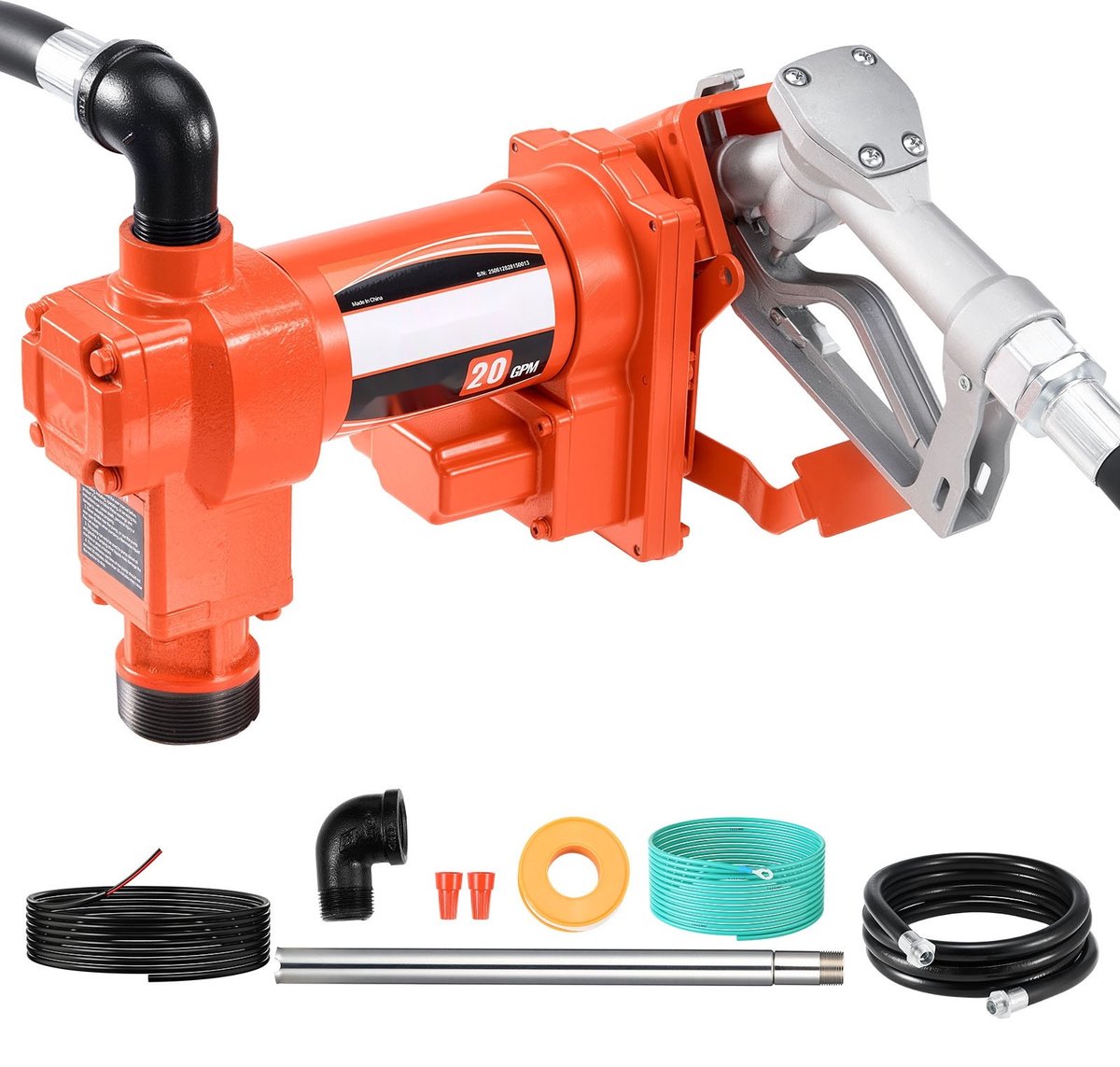 Brandstof transferpomp - 12V DC pompset - 75,7 L/min - 186 W - Vulpistool - Zuig- en uitlaatslang - Voor diesel/benzine/kerosine/biodiesel
