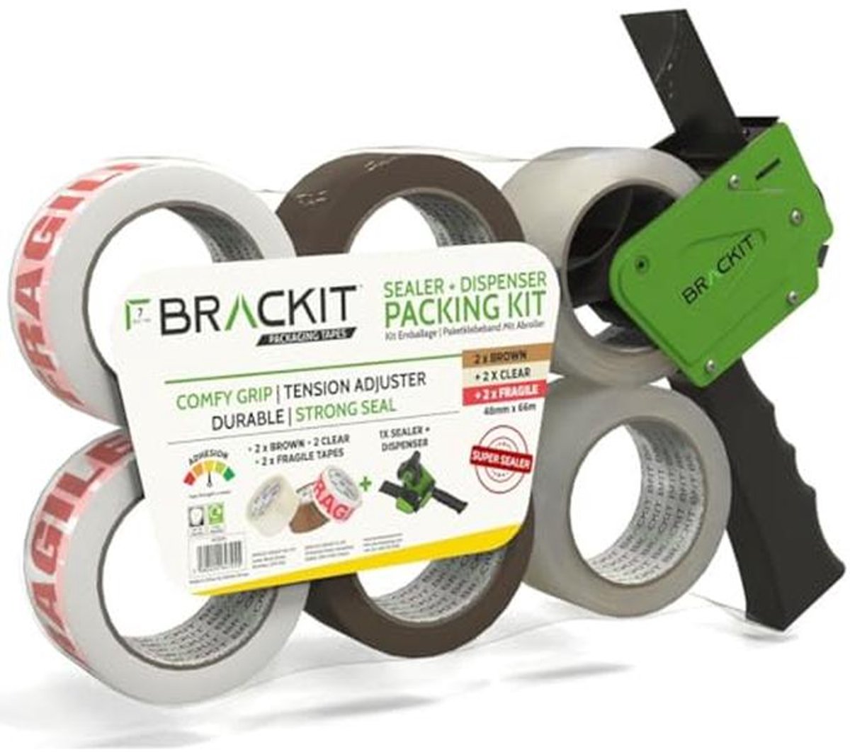 Verpakkingstape Set - Bruin & Breekbaar - Dozen Sluiten - Met Dispenser - 6 Rollen 66m - Bruin