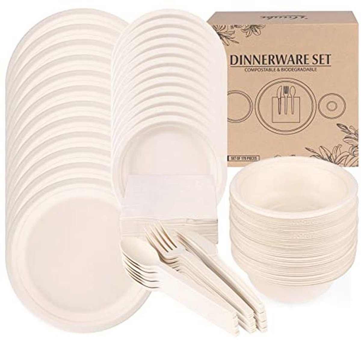 Composteerbare Wegwerpservies Set - 170 Stuks Kartonnen Borden, Bestek en Servetten