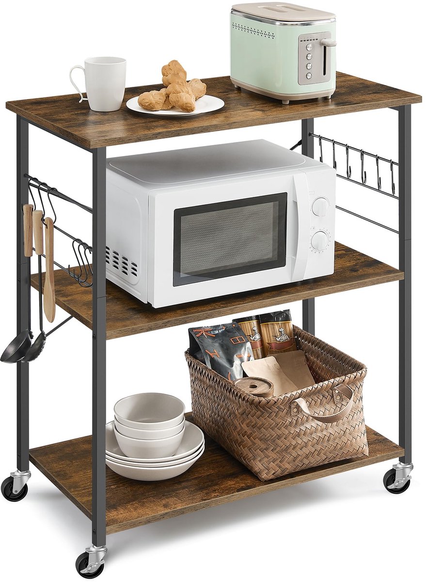 VASAGLE Keukenrek op wieltjes, serveerwagen met 3 niveaus, keukentrolley, magnetronrek, voor mini-oven, broodrooster, metalen frame, met 6 haken, 40 x 80 x 89 cm, greige gemêleerd zwart KKS067K01