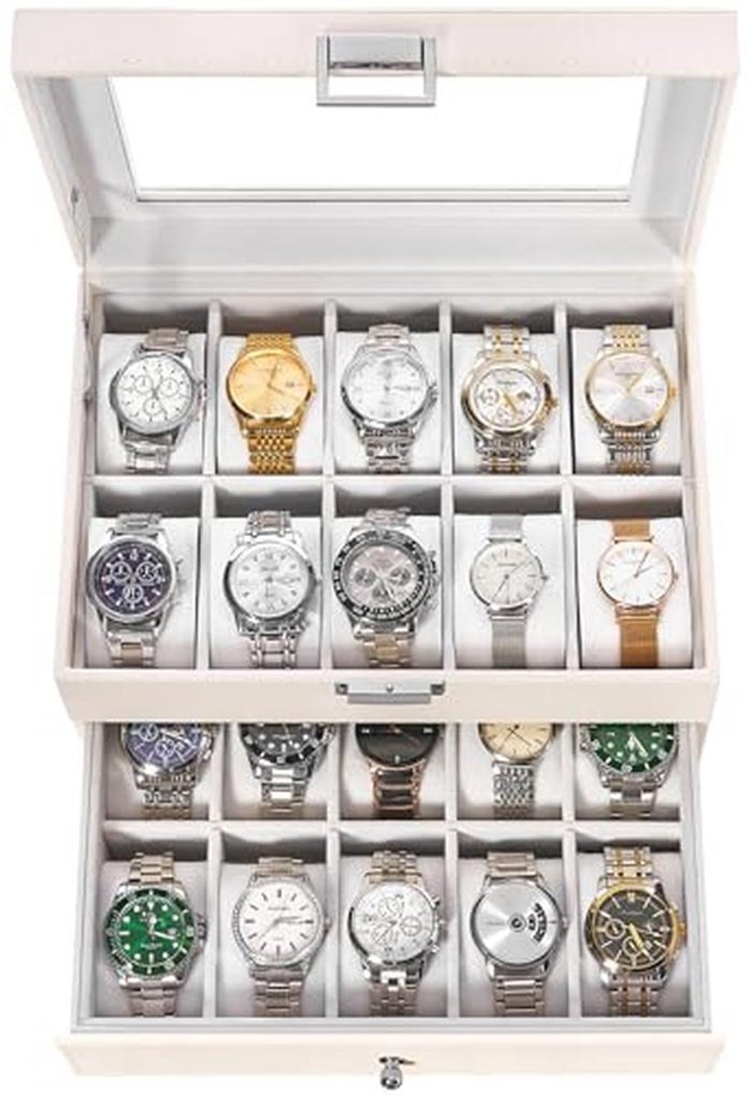 Watch Box Organizer voor 20 Horloges - Elegante Opbergdoos met Glazen Deksel