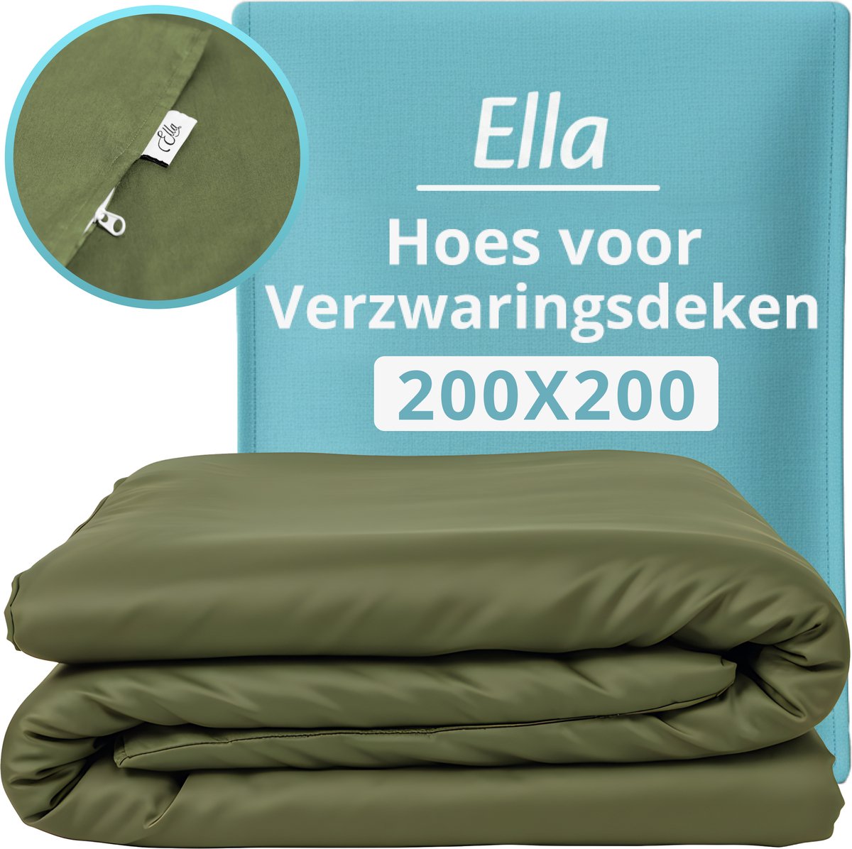 Hoes voor de verzwaringsdeken van Ella 200 x 200 CM - 11 KG & 13 KG - Overtrek Hoes van 100% biologisch katoen - Olijf Groen