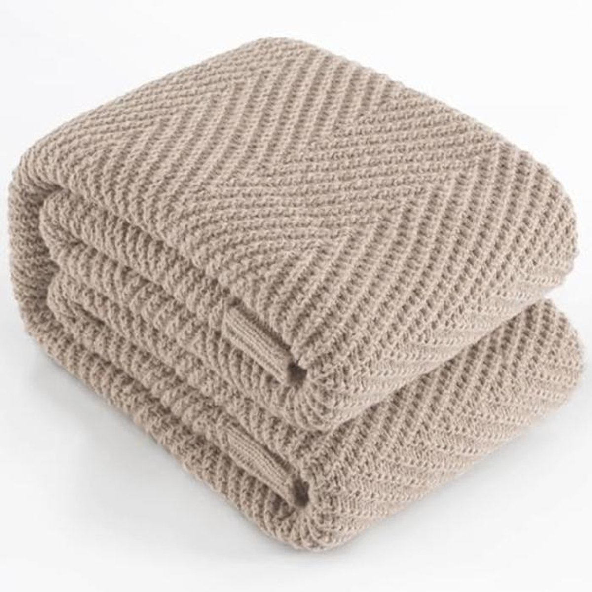 Zachte taupe gebreide deken 127 x 152 cm voor bank en bed - Chevron textuur, ideaal voor boho en shabby chic decoratie