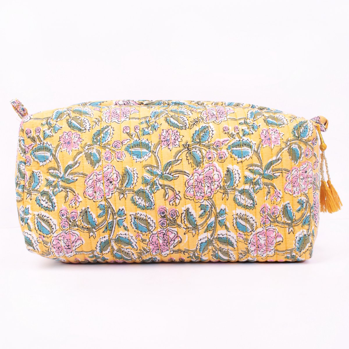 Bambooya toilettas - Bohemian - Ibiza Style - Made in India - Tassel - lichtgeel met bloemen - Large ( 29 x 20 x 10 cm)