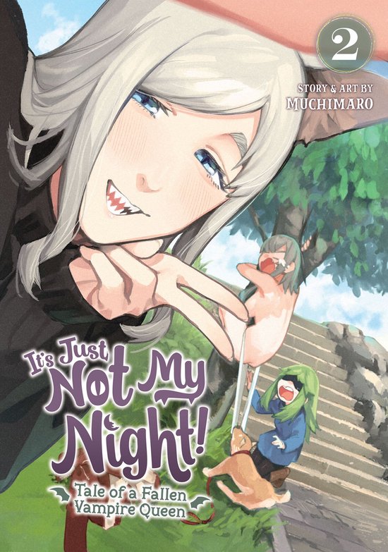 Boekomslag van 'It's Just Not My Night! - Tale of a Fallen Vampire Queen 2'. Een vampier met zilverkleurig haar lacht naar de kijker. Veelkleurige tekst.