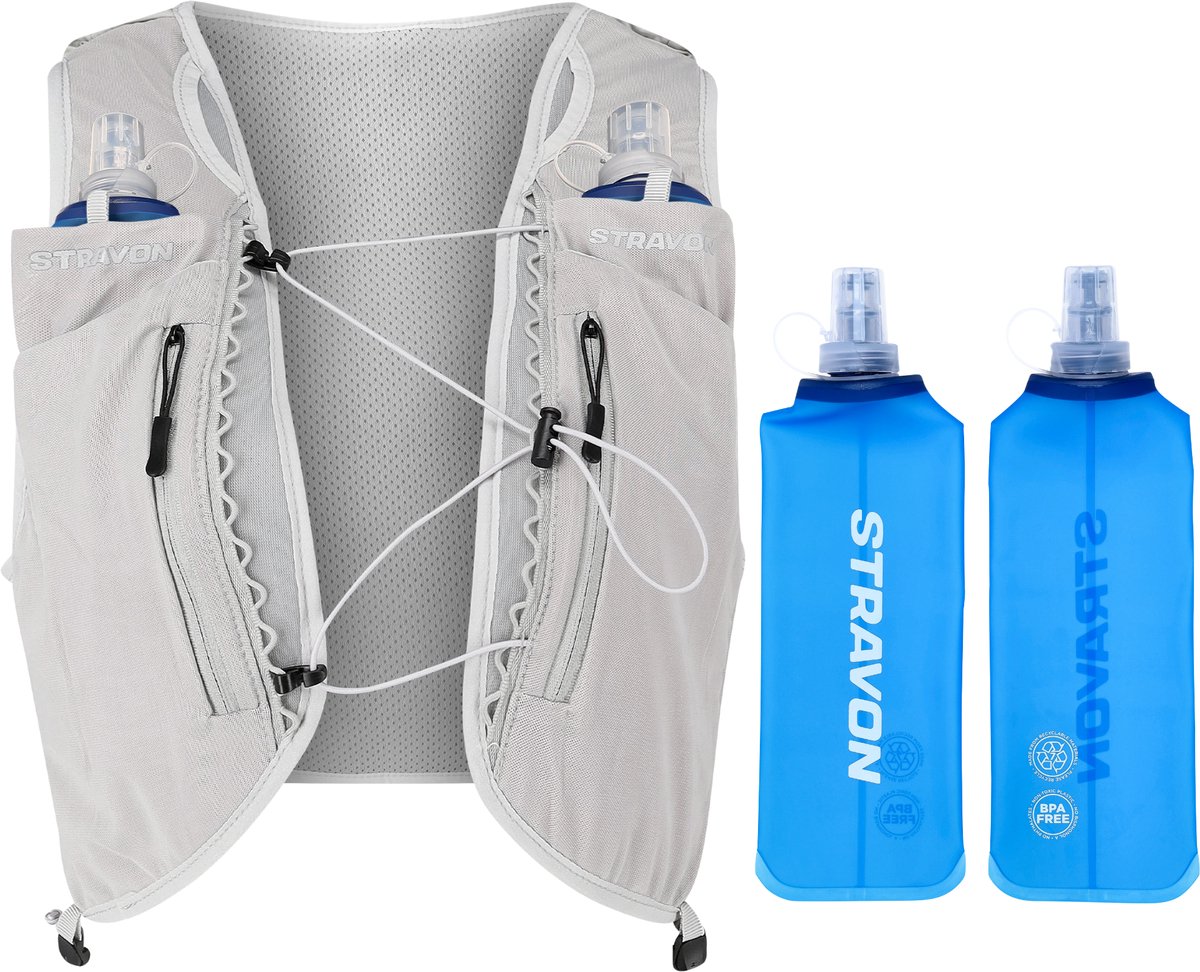 Stravon Running Vest Trail - Hardloopvest - Hardloop - Vest - Rugzak - Reflecterend - Drinkhouder - Telefoonhouder - Inclusief 2 Bidons - Grijs - L