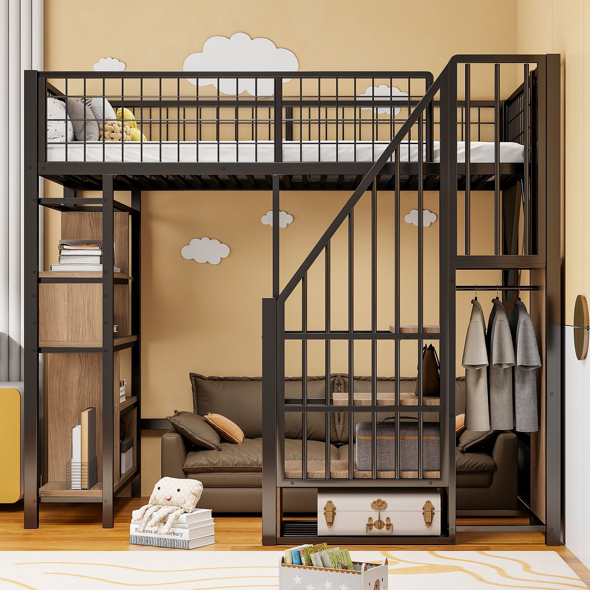 Merax Hoogslaper 90 x 200 cm - eenpersoonsbed met opbergruimte - planken en ladder - zwart - zonder matras
