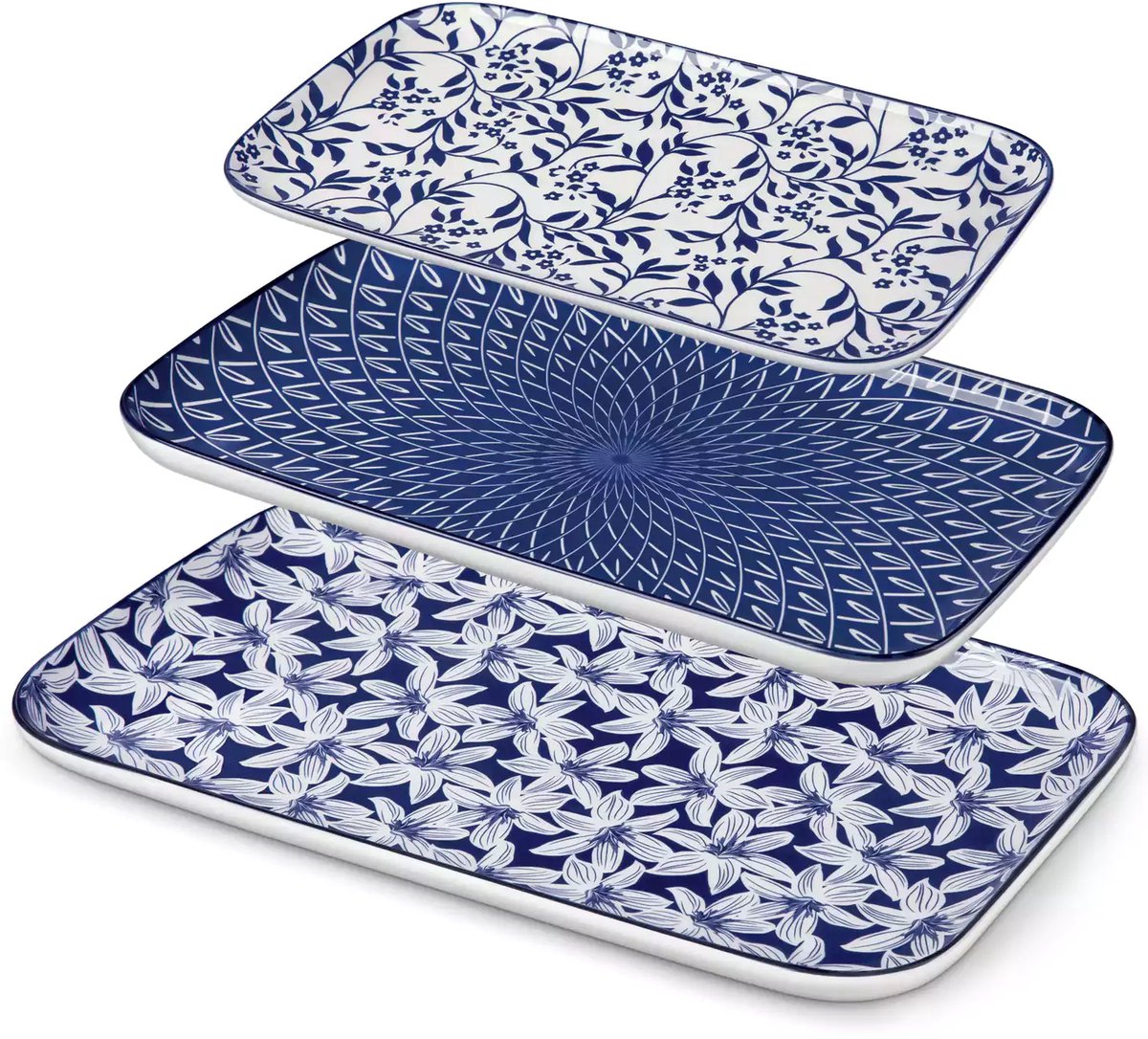 Serveerschalen - Serveerborden - Porselein - Set van 3 - Wit - Blauw