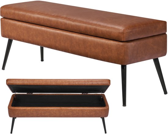 Banc de rangement en cuir avec revêtement en PU, Pieds en métal et rangement dissimulé, banc polyvalent pour couloir, chambre, salon ou entrée, marron
