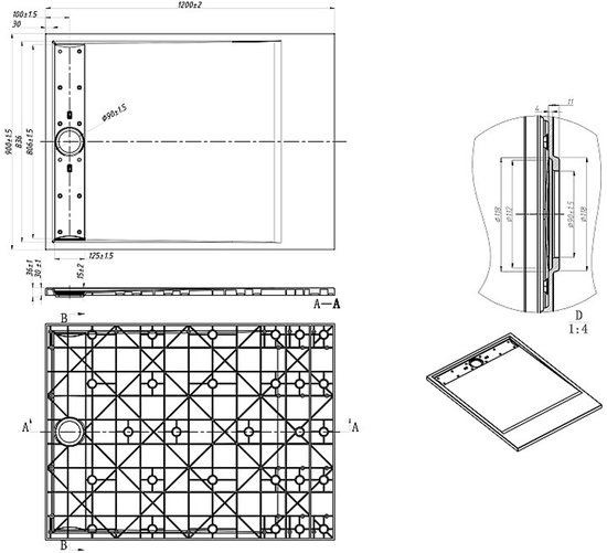 Vente-unique Receveur de douche Extra plat à poser ou à encastrer en résine SMC - Blanc marbré - 120 x 90 cm - LYROSA