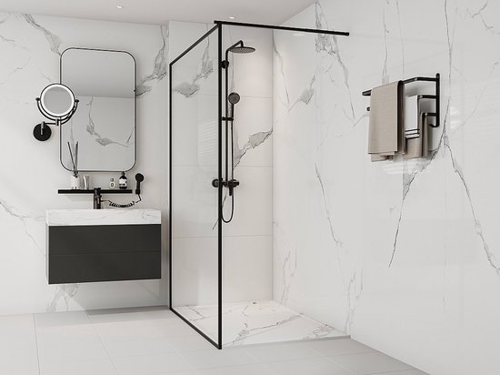 Vente-unique Receveur de douche Extra plat à poser ou à encastrer en résine SMC - Blanc marbré - 140 x 90 cm - LYROSA