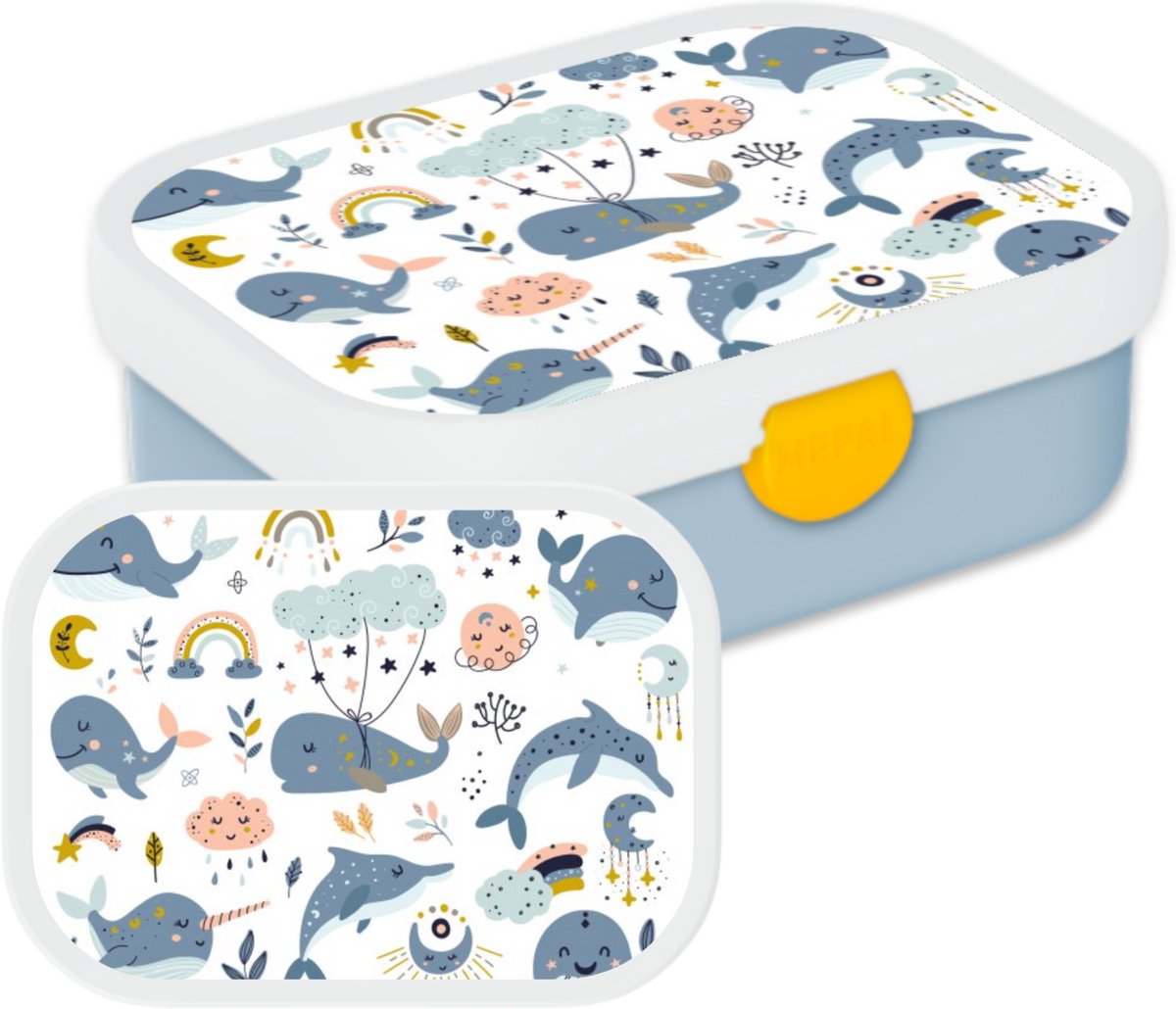 Mepal Broodtrommel voor Kinderen - Bento Lunchbox - Aquarel Dieren - Inclusief Bentobakje & Vorkje - BPA vrij en Vaatwasserbestendig - 750 ml - Walvis