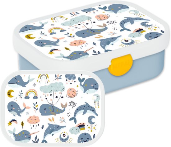 Boîte à lunch bento bleu clair Mepal, avec couvercle et plateau bento assorti à imprimé animalier aquarelle.