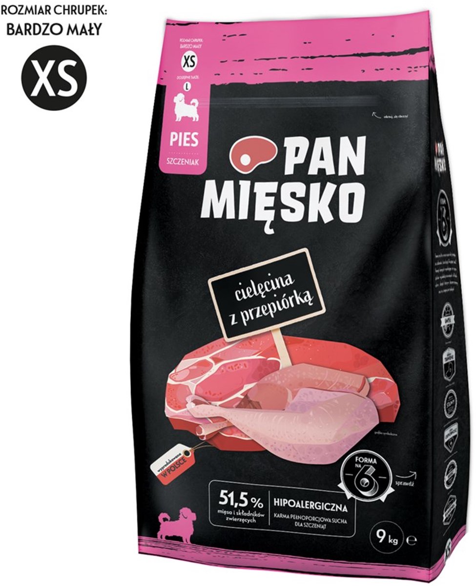 PAN MIĘSKO Pan Mięsko - Droge hondenvoeding - Kalf & kwartel - Voor puppy’s XS - Hoog eiwitgehalte - Gezonde groei & spijsvertering