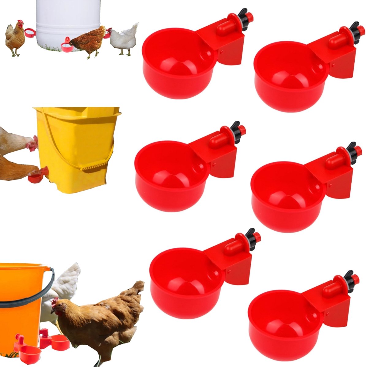6 stuks drinkbakken – drinkbekers voor pluimvee – verstelbare drinkbakken – accessoires voor kippendrinkbakken – geschikt voor kippen, eenden, ganzen, konijnen, vogels en duiven (4*6,5 cm – rood)