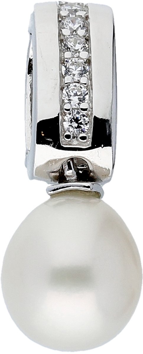 Silver Lining parelhanger - zilveren gerodineerd - witte zoetwaterparel - 24 x 8 mm