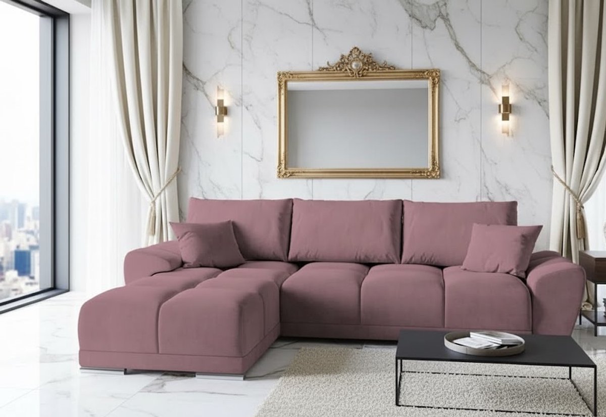 Hoekbank met Slaapfunctie L-Vorm 289x189 cm – Luxe Fluwelen Uittrekbare Slaapbank met Opbergruimte & Kussens – Comfort CollFeel Vulling – Kleur: Pruim Paars – Novihome