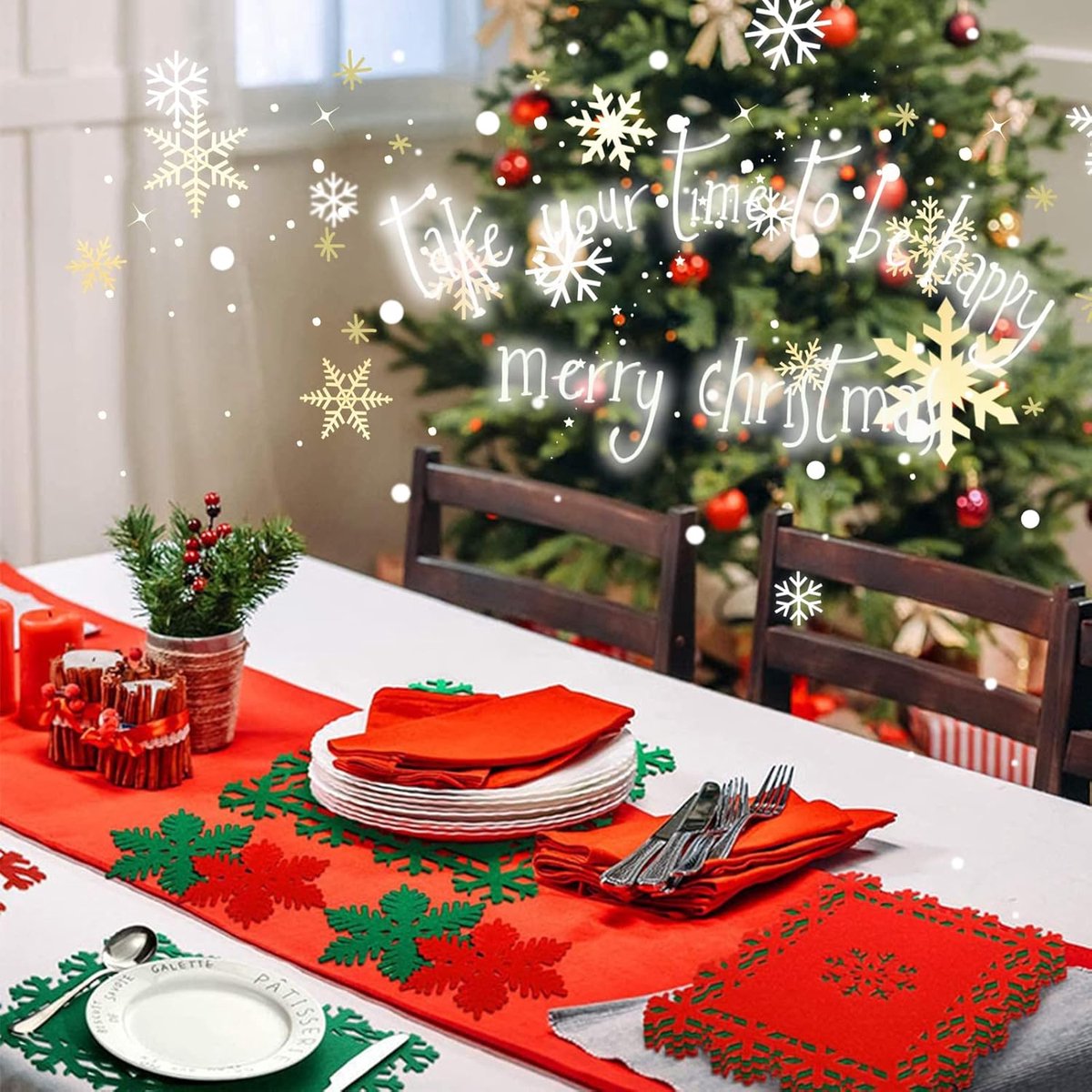 Set van 12 placemats, kerstplacemats en onderzetters, rode placemats, tafelset van vilt, geschikt voor het decoreren van kerstfeestjes, feestdagen, bruiloften en diners. — cadeau in Wonen & Interieur - foto 3