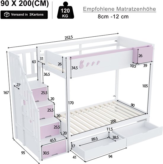 HAINEW Stapelbed, kinderbed, 90 x 200 cm en 120 x 200 cm, met ladder en 2 laden, houten bed met wolkendecoratie, functioneel bed met valbeveiliging en lattenbodem voor 2-3 kinderen, wit roze