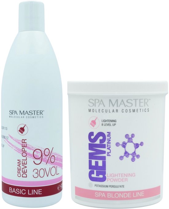 Spa Master Blondeerset – Gems Platinum Blondeerpoeder 500g + Cream Developer 9% 30VOL 930ml – All-in-one voor Intens Blond & Veilige Verzorging – Salonkwaliteit voor Thuis