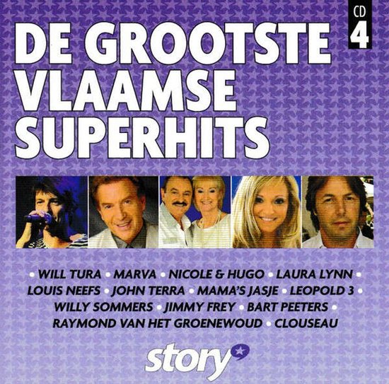 CD hoes "De Grootste Vlaamse Superhits 4" met portretten van artiesten en lijst van namen.