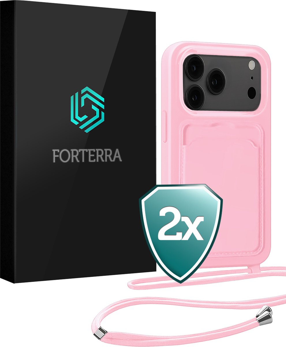Hoesje Geschikt voor iPhone 17 Pro Pashouder Case Siliconen Hoes Met Koord - Hoes Geschikt voor iPhone 17 Pro Met Telefoonkoord Hoesje Back Cover Met Pasjeshouder - Lichtroze - 2 PACK