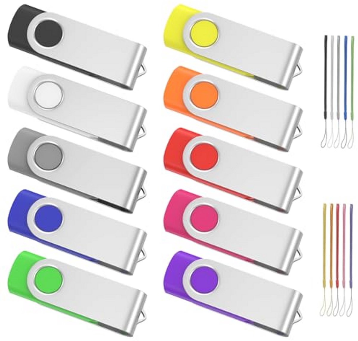Meerkleurige USB-stick 8GB - Set van 10 Geheugensticks met Lanyards