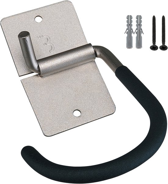 Zilverkleurige fietsophanghaak met zwarte rubberen coating, inclusief pluggen en schroeven.