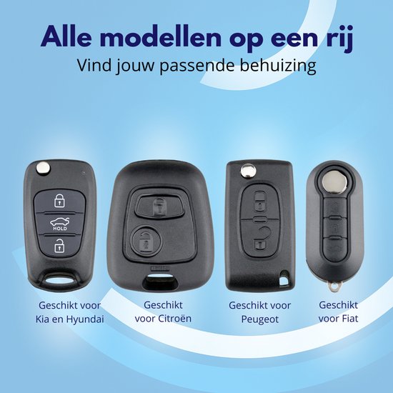 Vier autosleutel behuizingen naast elkaar: Kia/Hyundai, Citroën, Peugeot, Fiat.