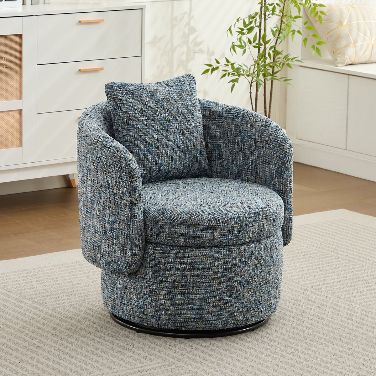 Sweiko Fauteuil - 360° draaibare - Chenille - Rond ontwerp - Met kussen - Opbergfunctie - Blauwgrijs