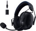 Zwarte Razer BlackShark V3 Pro gaming headset met blauwe stiksels, microfoon en USB-dongle, op witte achtergrond.
