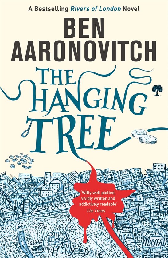 Boekcover 'The Hanging Tree' van Ben Aaronovitch, met een tekening van Londen en een rode druppel.