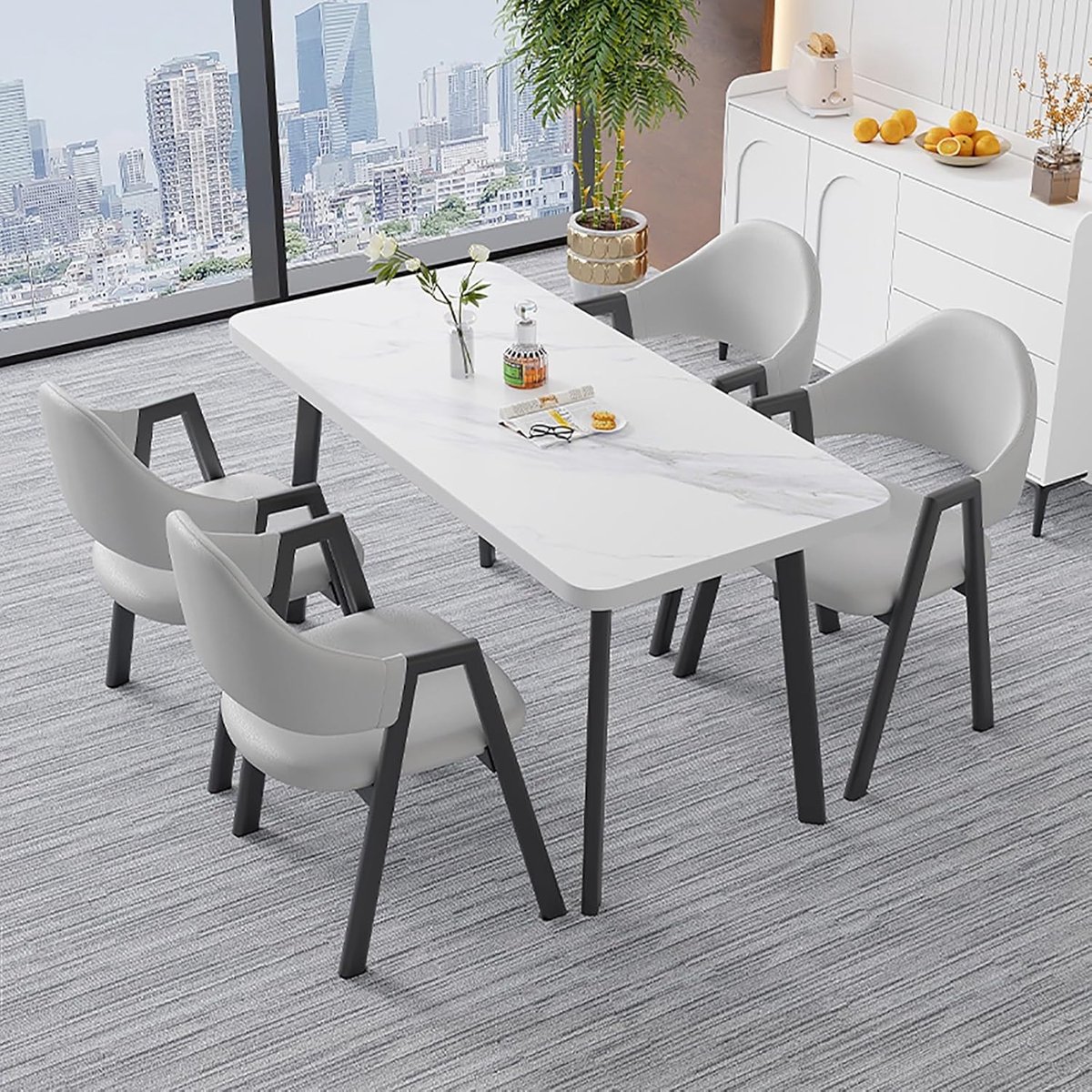 Milano Luxe Eettafelset voor 4 Personen – Kunstmarmeren Keukentafel met PU Leren Stoelen – Compacte Eetkamerset voor Kleine Ruimtes, Appartement of Keuken – Wit Marmerlook – 39 x 39 x 3 cm - Novihome