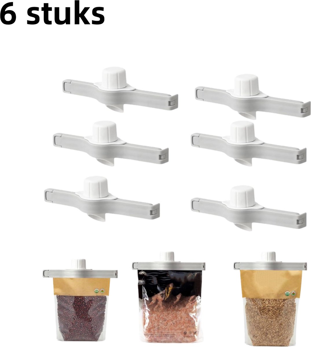Image of 6-delige - Sluitclip voor voedselzakken - Sluitclip voor kruidenzakken - Vochtbestendig - Snack-/melkpoederdispenser - Voor voedselbewaring - Wit